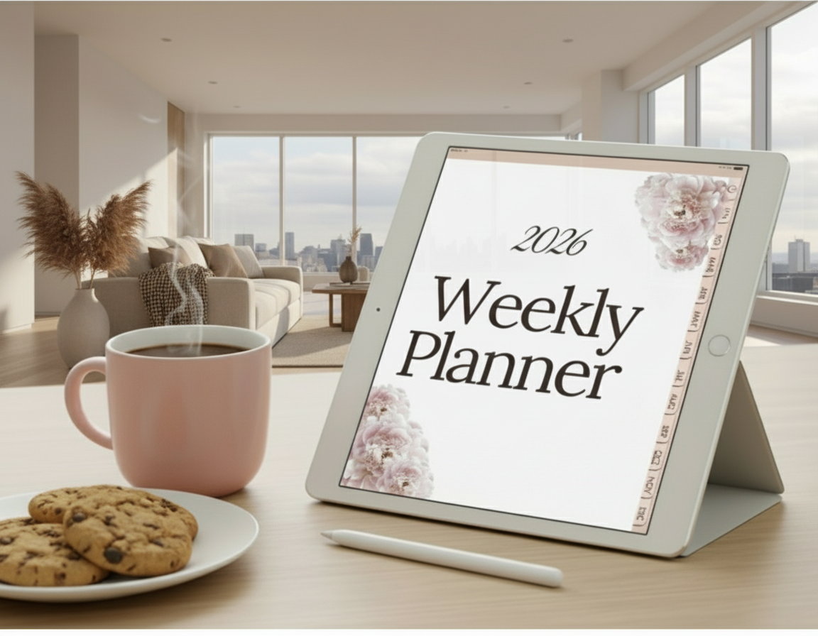Tablet with '2026 Weekly Planner' on a desk with a cup of coffee and cookies, set against a window view.